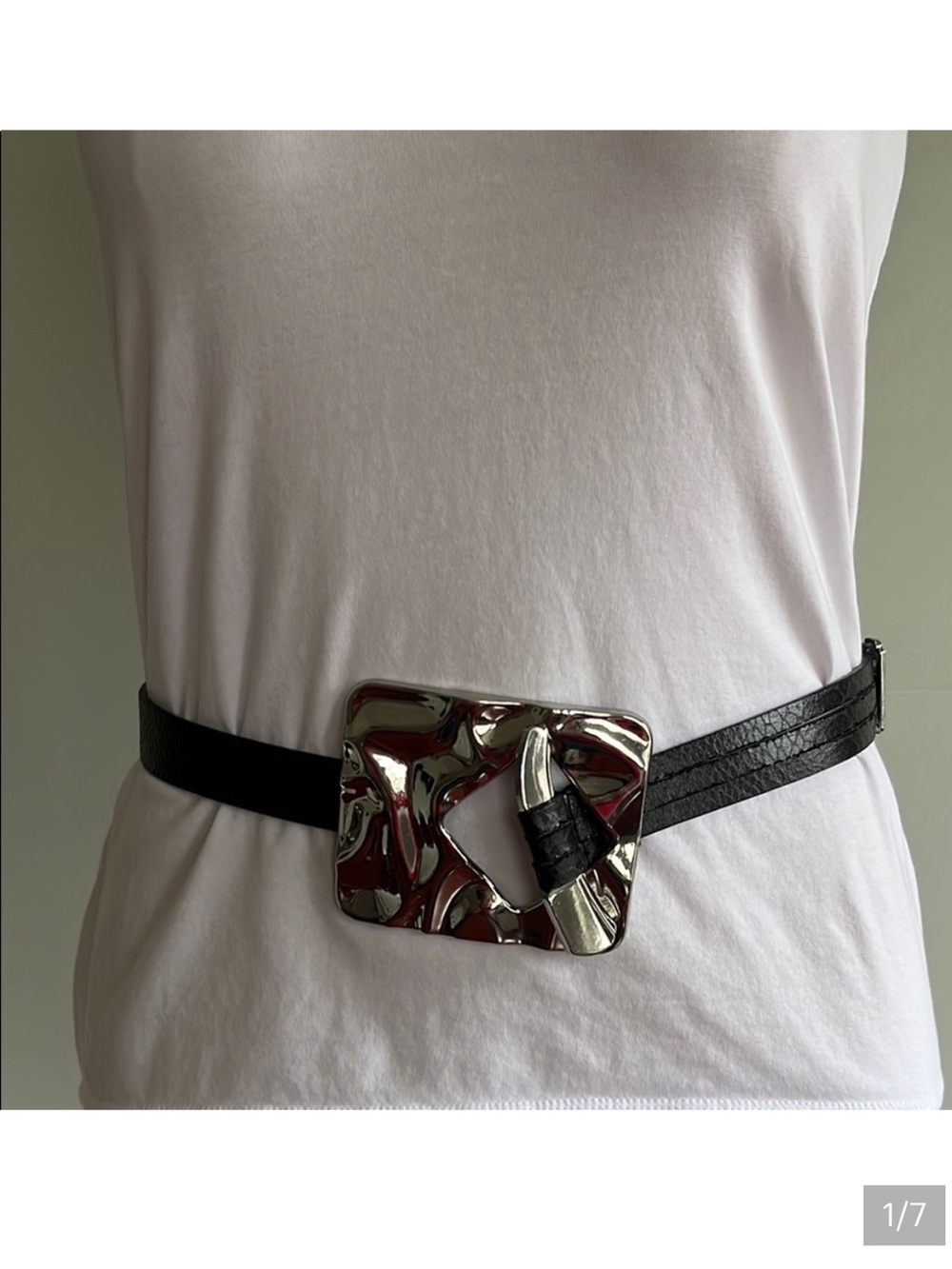 Black Leather Belt with Silver Textured Buckle - Picture 4 of 9